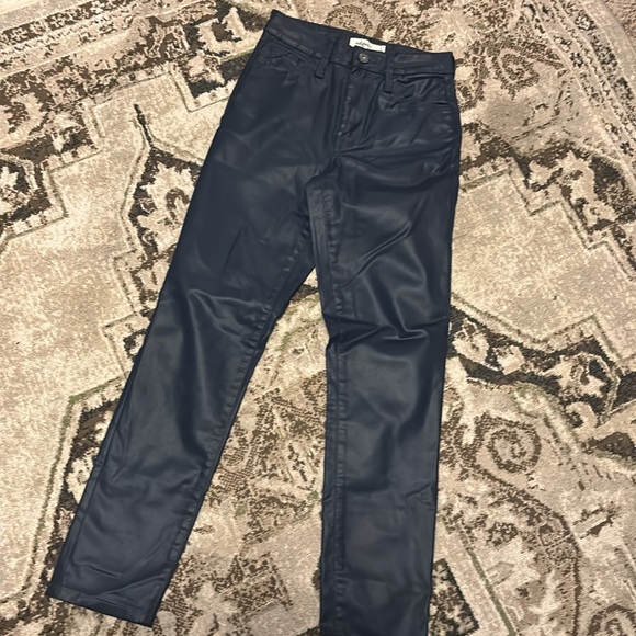 faux leather waxed denim straight leg crop pant vegan women’s 0 navy blue punk - Picture 6 of 6